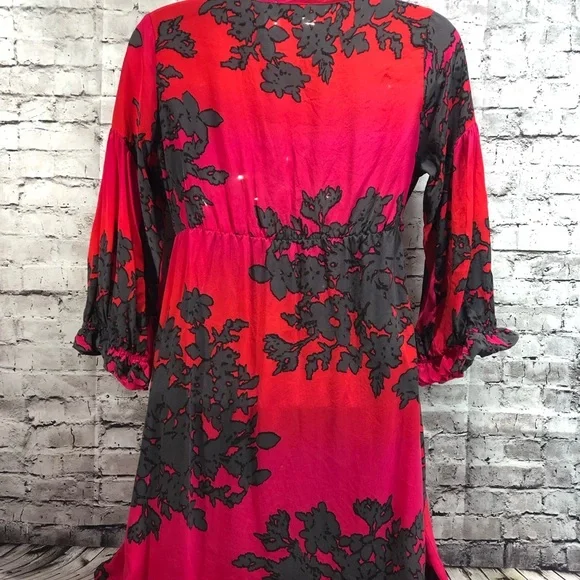 DEPT red magenta grey floral silk tunic dress sz S - Picture 3 of 5